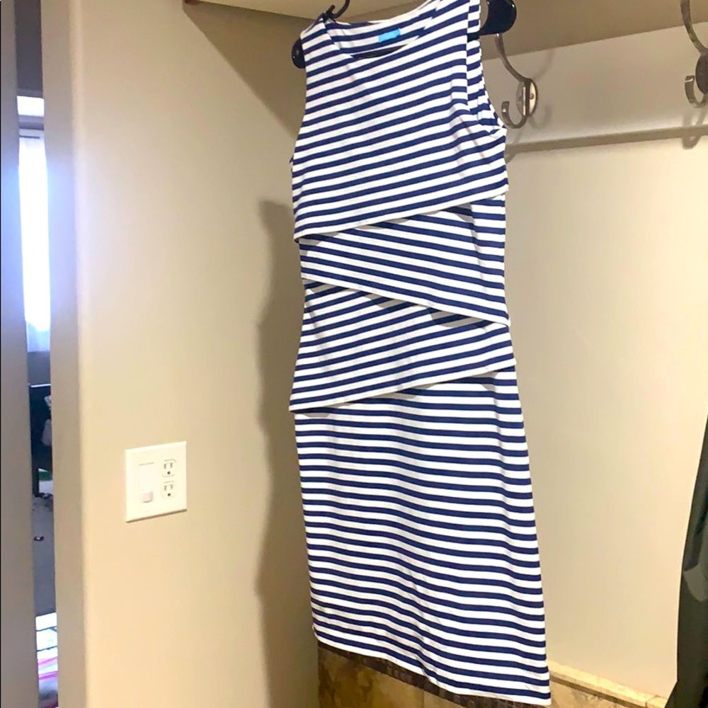 White and blue striped dress